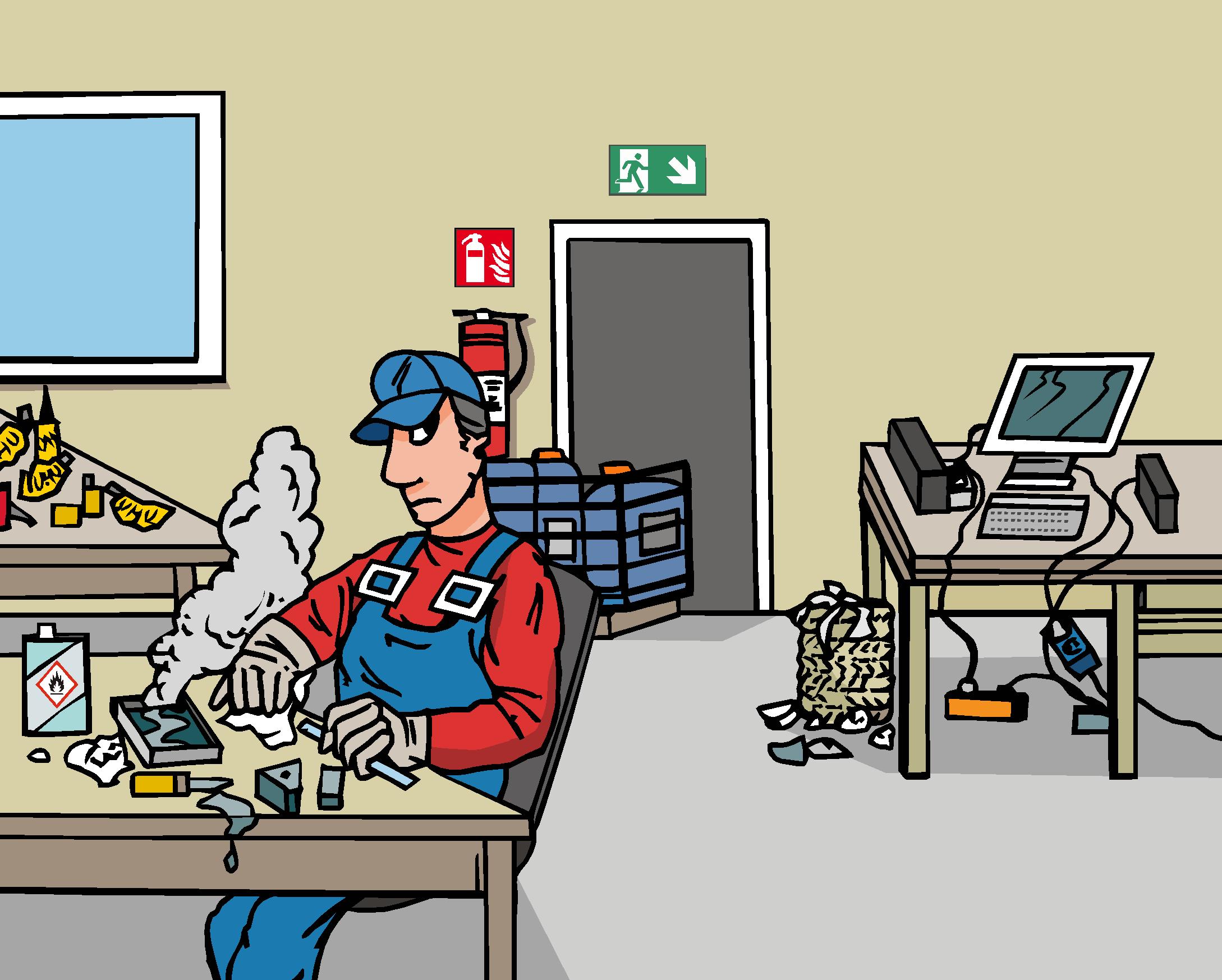 Suchbild: Figur Nils im Arbeitsbereich Montage mit Chemikalien auf der Tisch